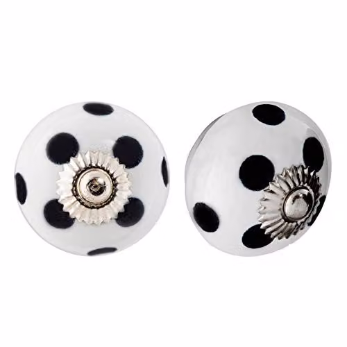 Nicola Spring Polished Ceramic Cupboard and Drawer Knobs with Threaded Stem, White and Black Polka Dot, Pack of 24 – 2