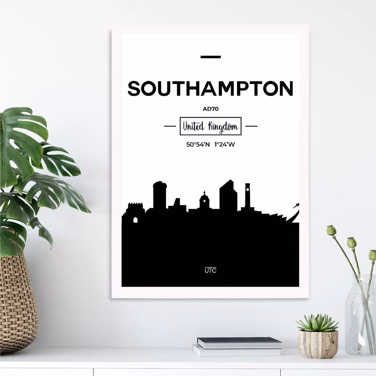 ARTZE Southampton Black and White City Skyline Framed Paper Poster in White Frame, A4 – 2