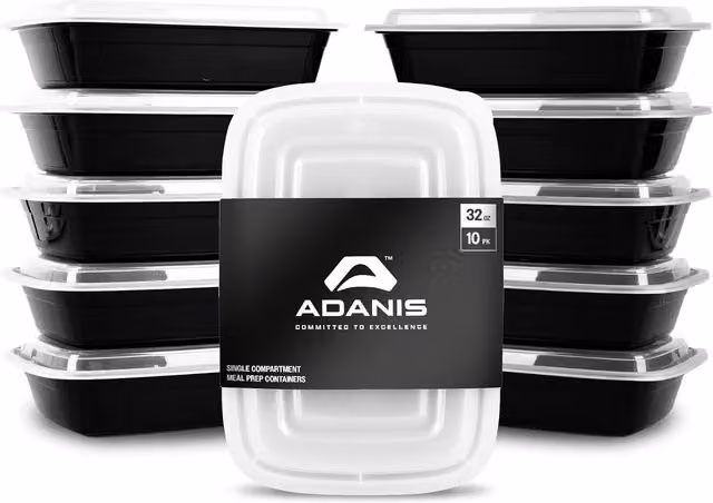 Adanis 10 Pack Reusable Plastic Meal Prep Containers with Snap Lids, 950ml, Black