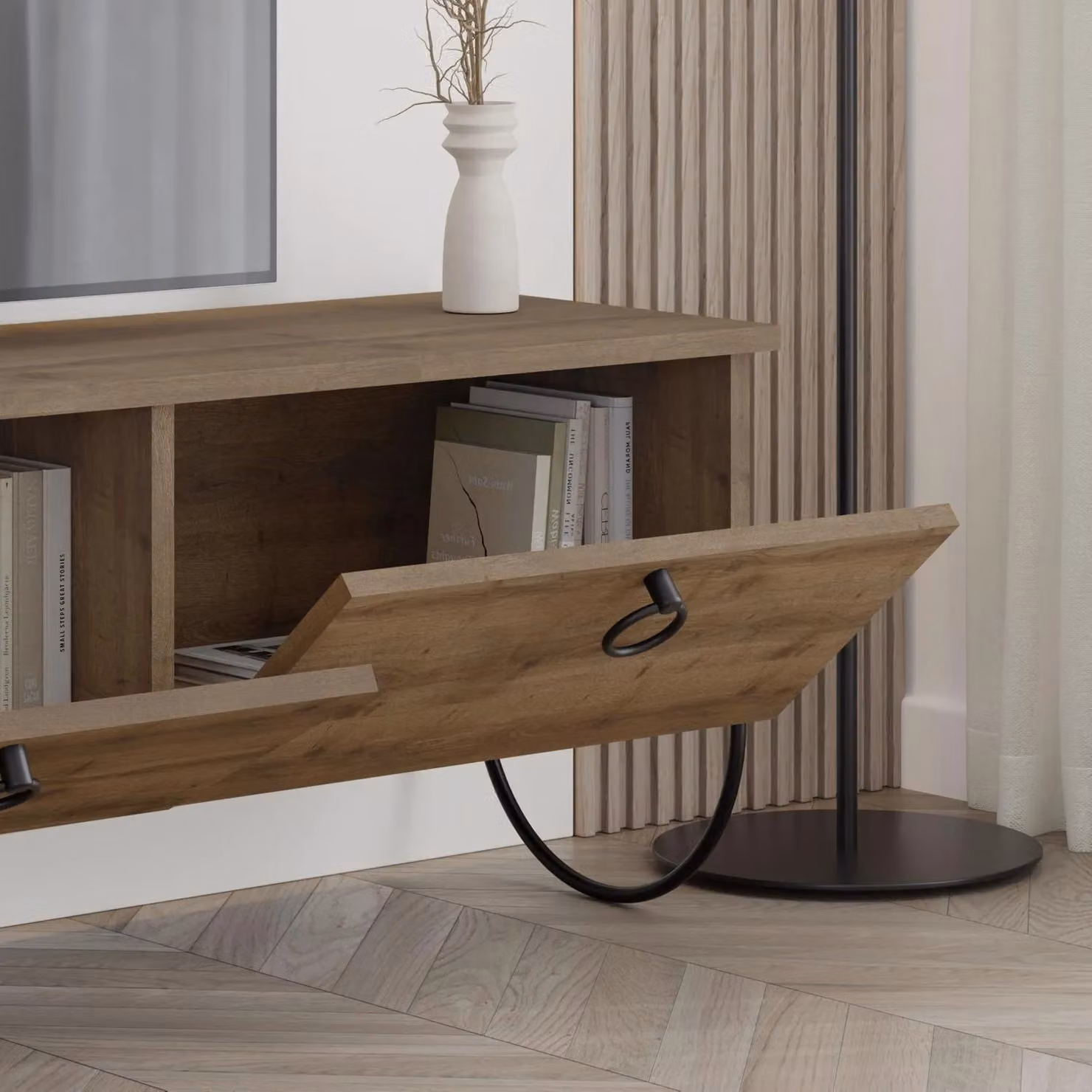 FWStyle Norfolk Industrial Style TV Stand in Dark Oak and Black, W: 150 cm, D: 36 cm, H: 44 cm – 2
