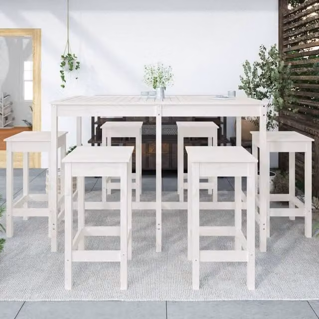 Berkfield Home Beautiful 7 Piece White Solid Wood Pine Garden Bar Set W/D/H: 110.0 x 159.5 x 82.5 cm – 1