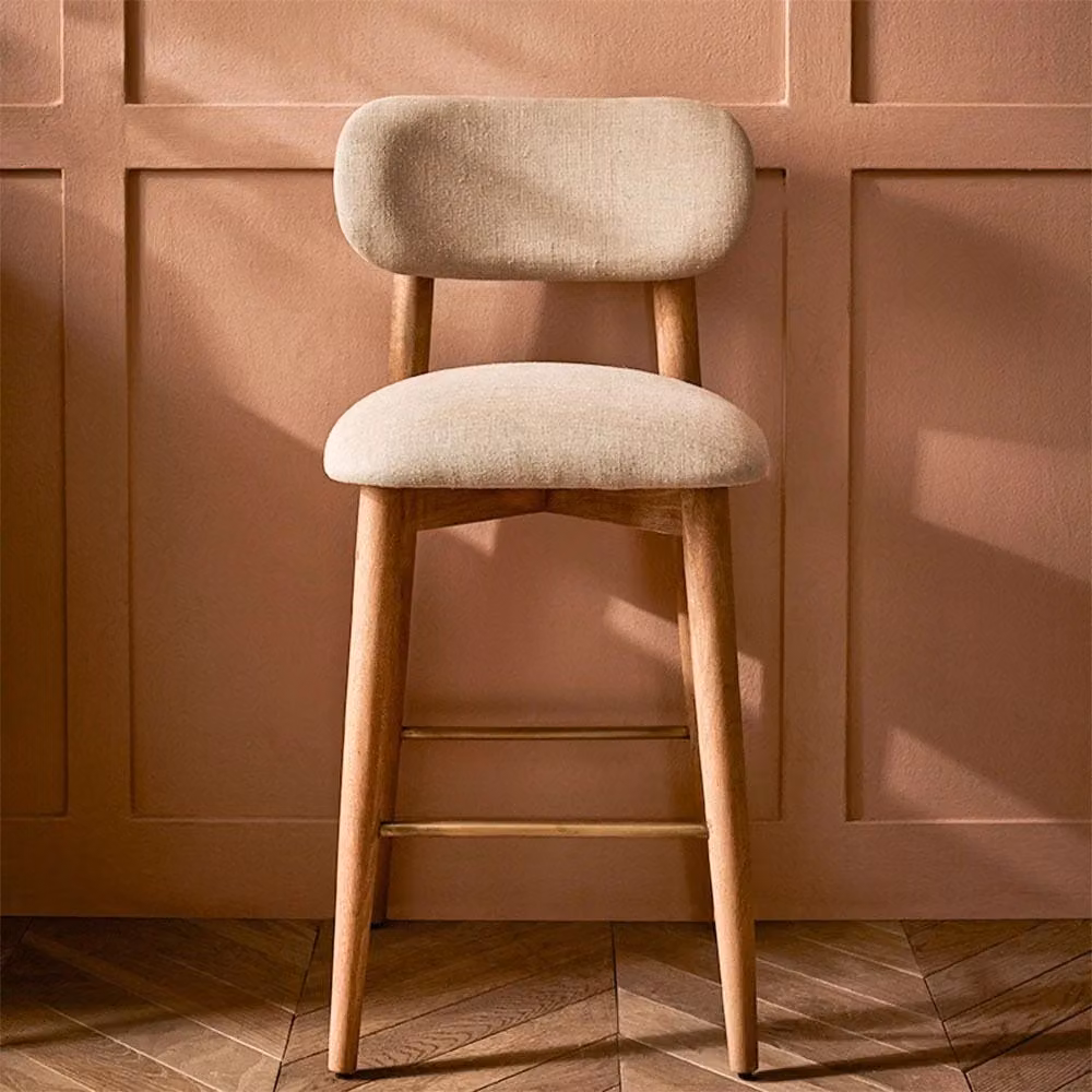 Atkin and Thyme Layla Barstool in Beige Linen Mix with Mango Wood and Metal Frame