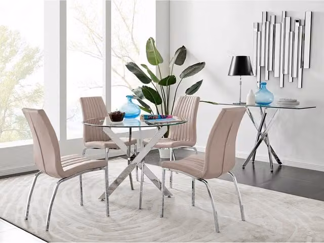 FurnitureboxUK Novara Round Glass Dining Table and 4 Isco Chrome Chairs in Cappuccino