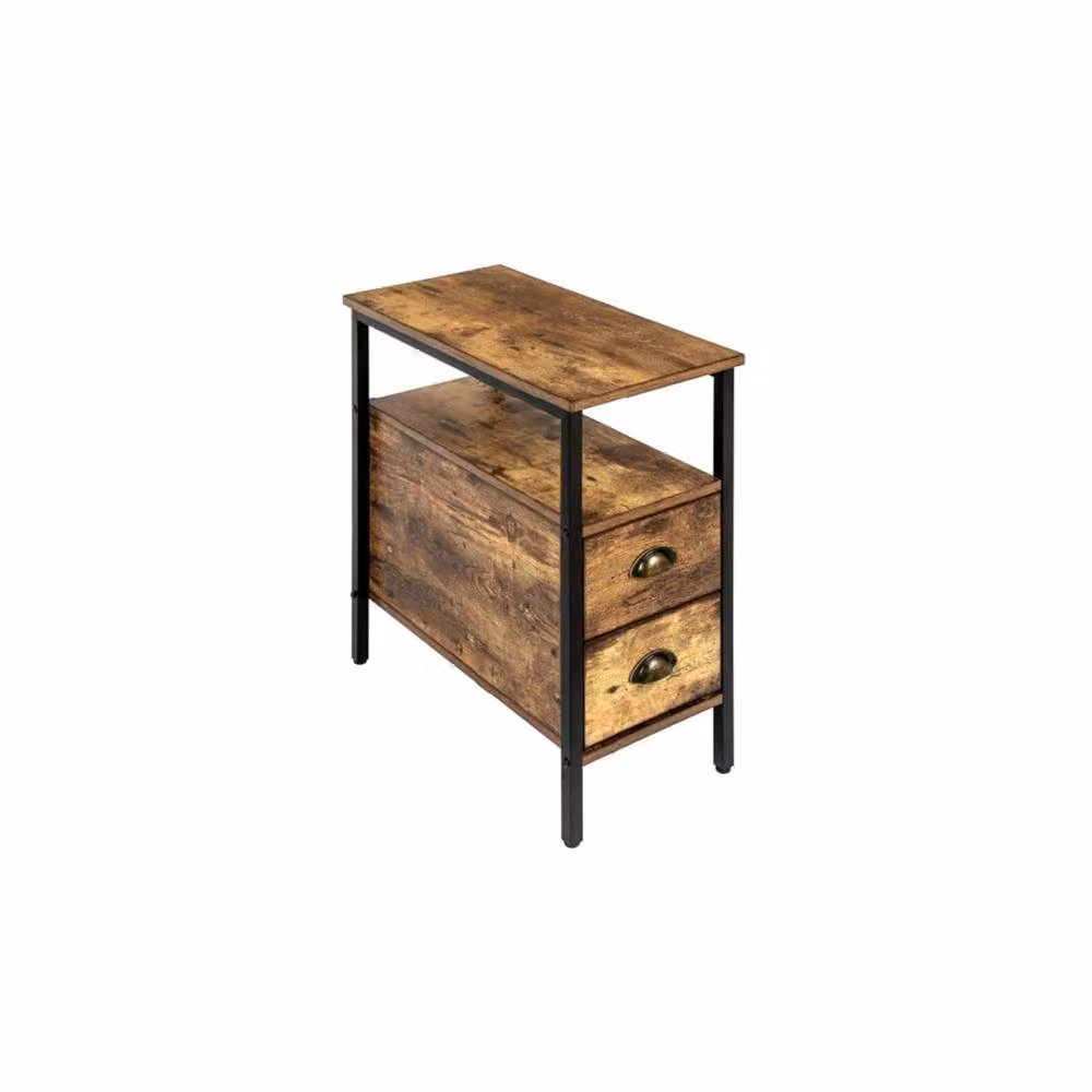 FLAVORA Industrial Rustic Wooden Narrow Bedside Table with 2 Drawers, Brown – 3