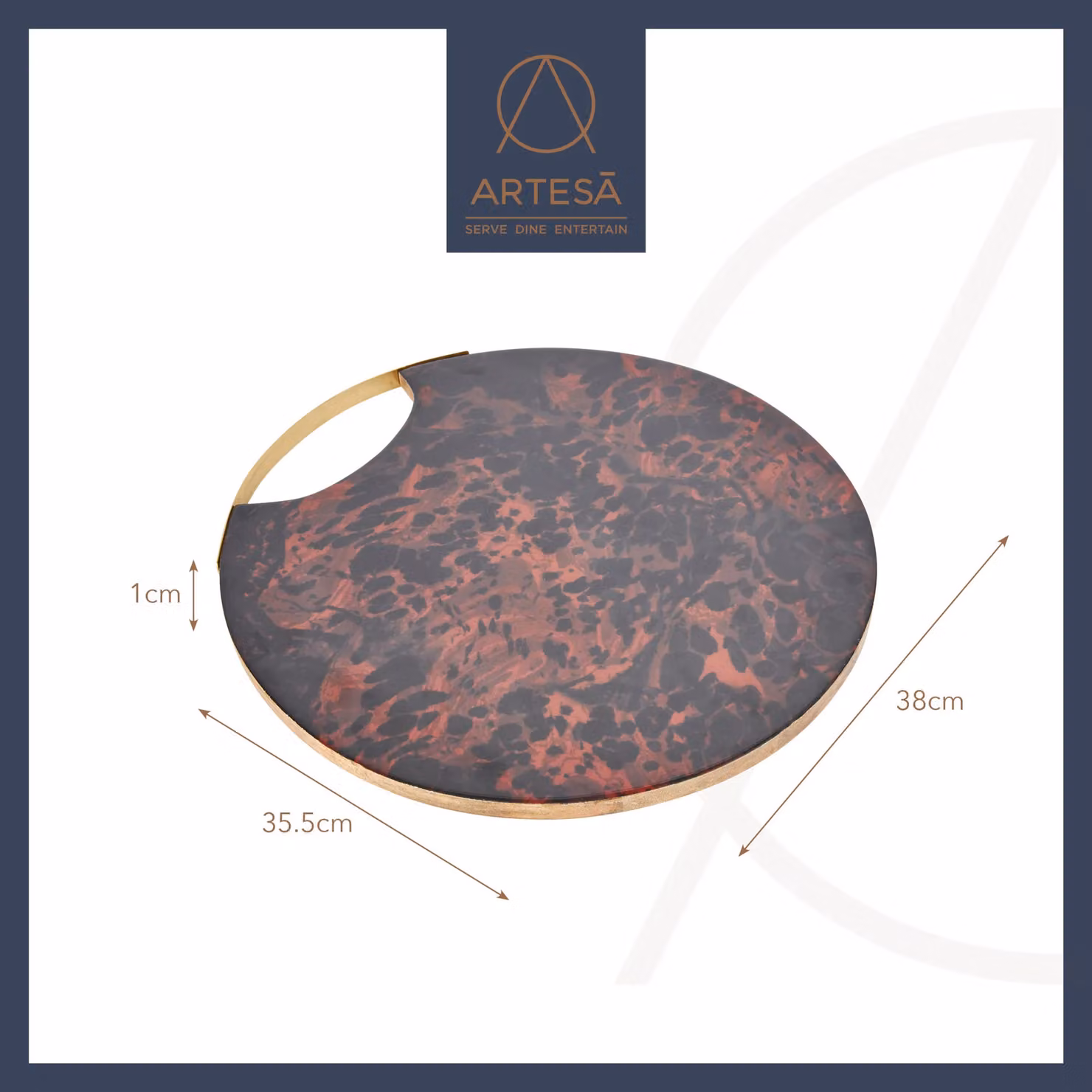 Artesa Round Wooden Serving Platter with Tortoiseshell Resin Finish and Handles in Brown – 7
