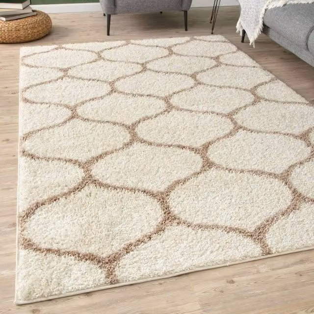 THE RUGS Moroccan Soft High Pile Shaggy Trellis Rug or Runner in Ivory, W: 80 cm, L: 300 cm