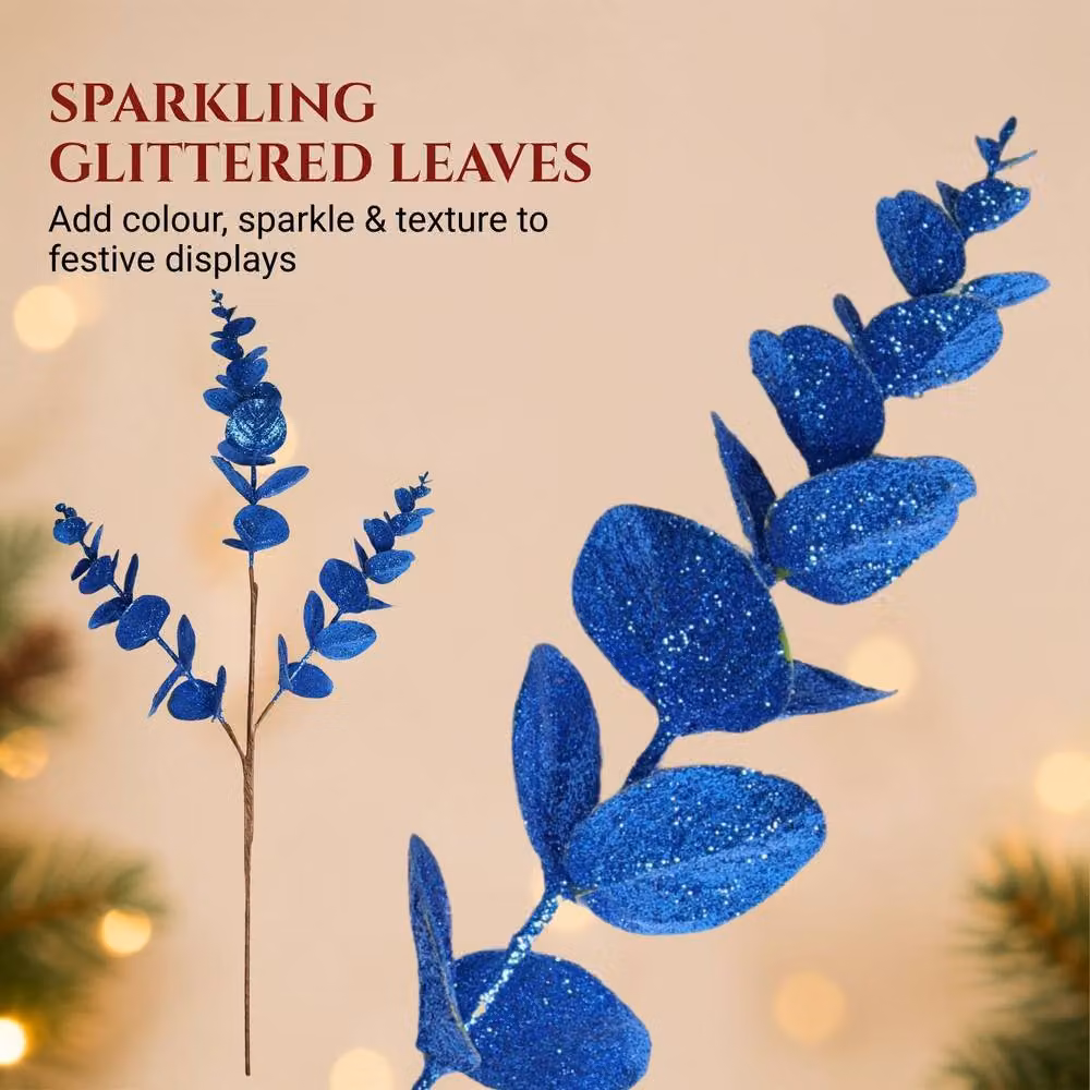 Shatchi 12 Pack Dark Blue Glitter Artificial Eucalyptus Christmas Tree Picks, 55 cm – 5