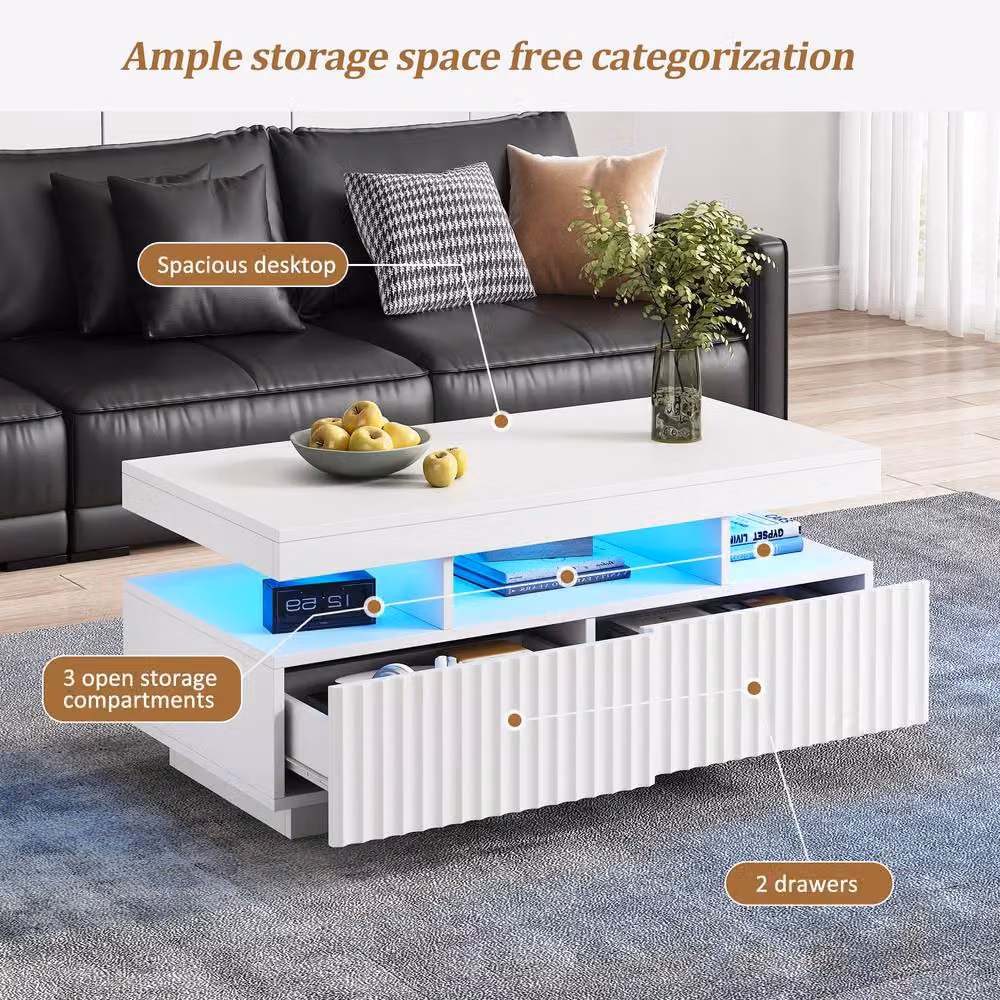 Merax White Modern LED Coffee Table with Fluted Drawers and Open Shelf W/D/H: 120 x 60 x 45 cm – 4
