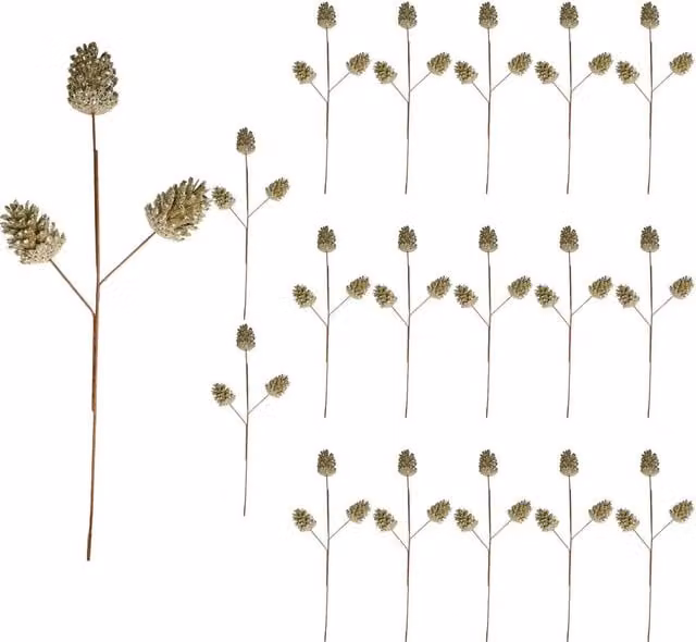 Shatchi Gold Glitter Champagne Pine Cone Christmas Picks, 12 Pack, Length: 58 cm