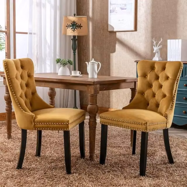 Modern Home Touch Romsey Set of 2 Yellow Velvet Upholstered Dining Chairs with Oak Legs and Knocker Ring Back – 1