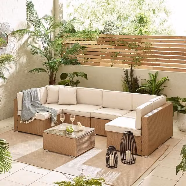 FurnitureboxUK Orlando 6 Seat Modular L-Shape Outdoor Garden Rattan Sofa Set in Beige with Coffee Table and Upholstered Cushions – 1