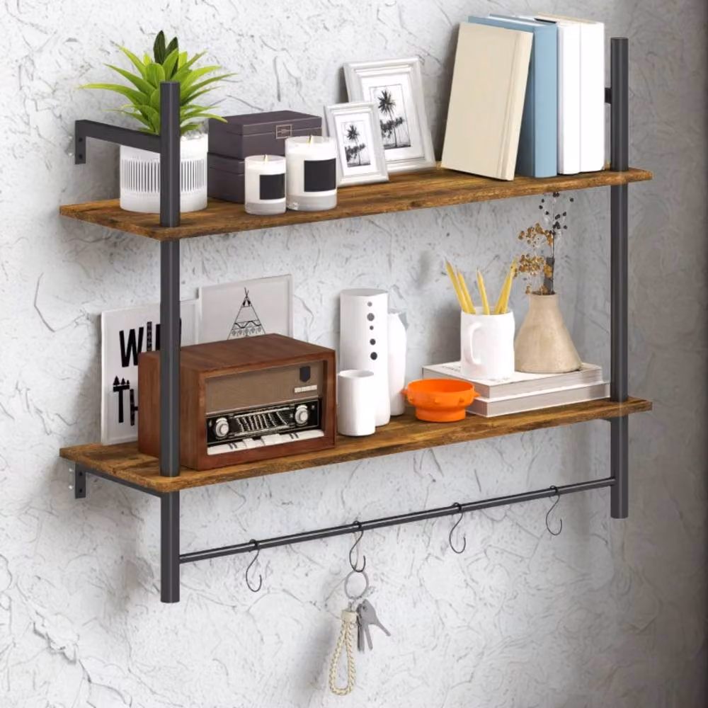 FURNOS 2 Tier Wall Mounted Floating Shelf with Hanging Rail and Hooks, Brown, W: 65 cm, H: 24 cm, D: 8 cm – 5