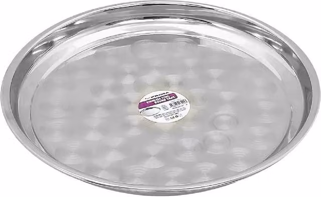 BARGAINS-GALORE Non-slip Round Stainless Steel Serving Tray in Silver, Diameter: 35 cm