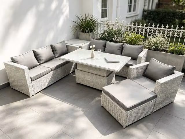 Fimous Rattan Garden Furniture Set with Adjustable Lifting Table and Sofa Dining Set in Light Grey – 1
