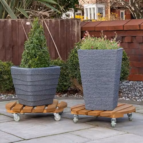 Samuel ALEXANDER Pack of 2 Handcrafted Round Traditional Wood Plant Pot Stand Caddy with Metal Castor Wheels, Brown, Diameter: 40 cm – 2
