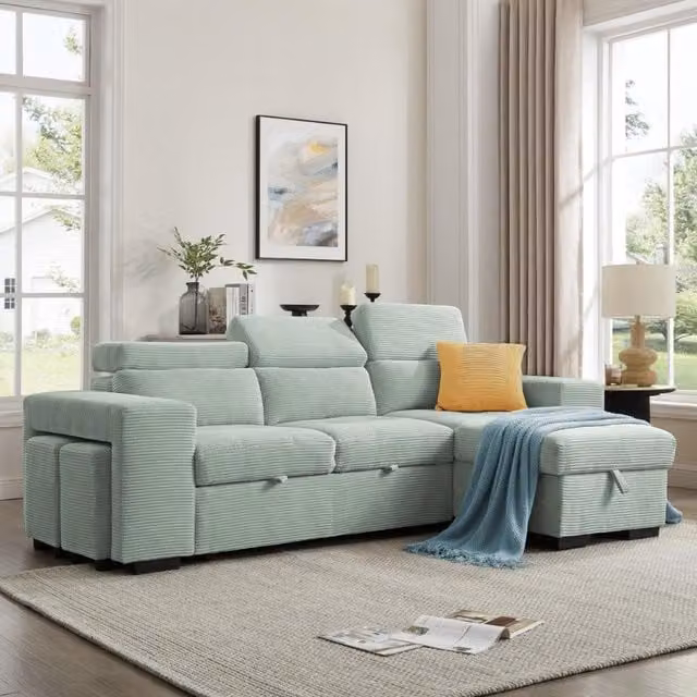 Azalea Reversible L-Shape Sofa with Chaise in Mint Green Jumbo Cord featuring Sleeping Function and Adjustable Headrests