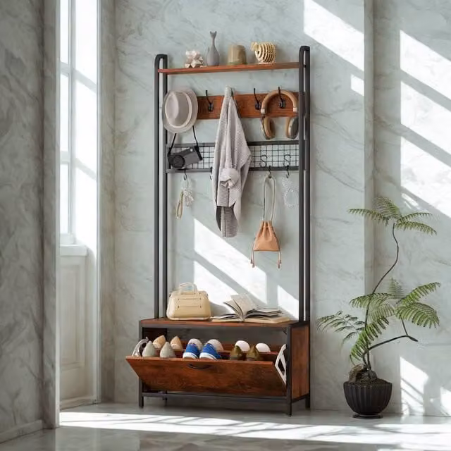 FURNOS Industrial Hall Tree Coat Rack with Bench in Brown, H 180 x W 120 x D 30 cm