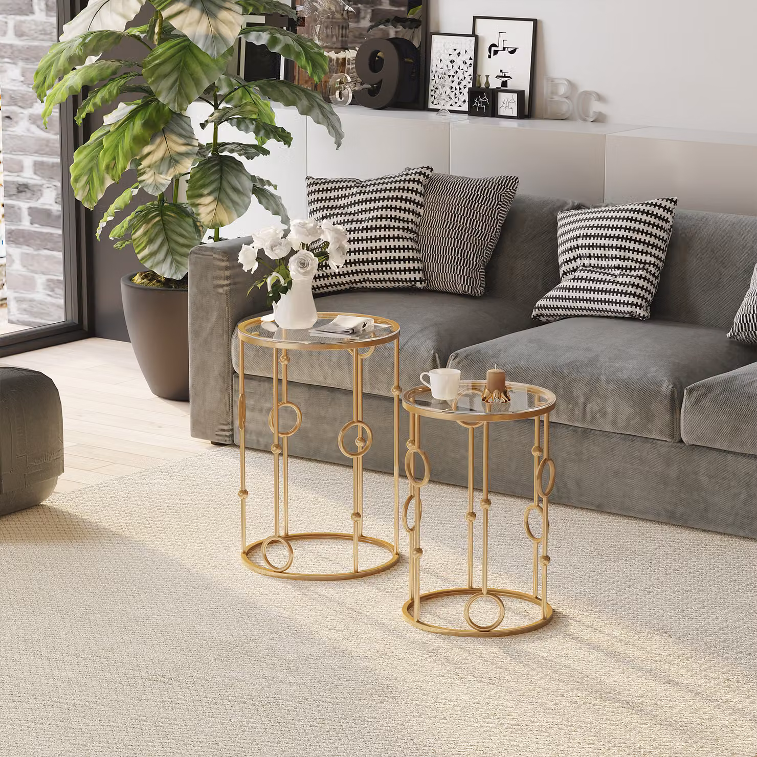 HOMCOM Set of 2 Round Nest of Coffee Tables with Gold Steel Frame and Tempered Glass Tops – 2