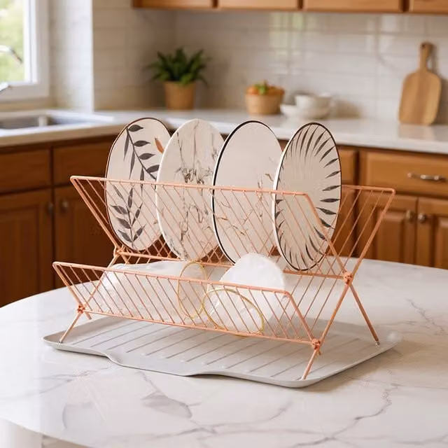 Lifeideas 2 Tier Foldable Metal Countertop Dish Drying Rack with Drip Tray in Gold