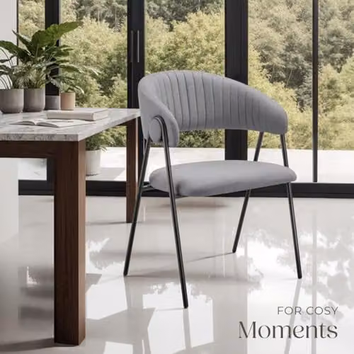 tectake Bedano Set of 2 Dining Chairs in Grey with Fabric Upholstery and Metal Legs – 2