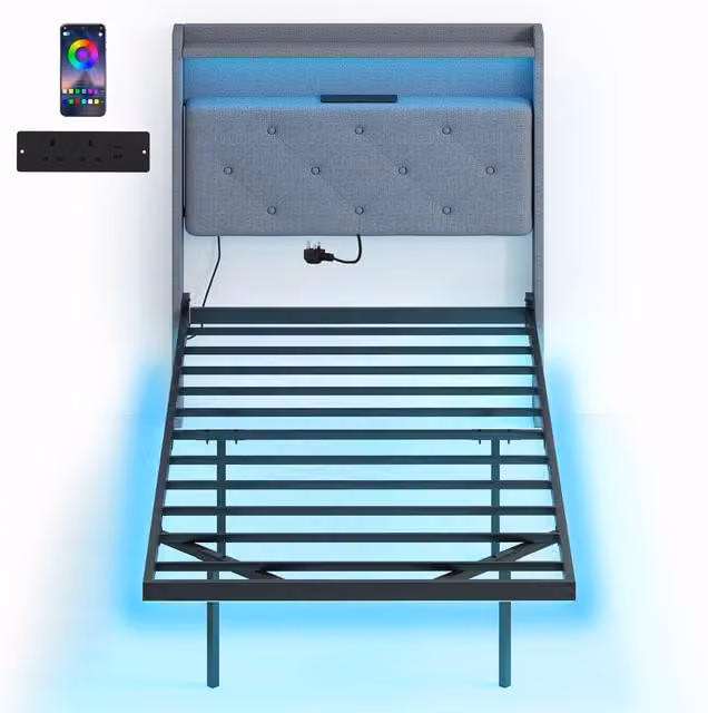 HOMCOM Upholstered Floating Single Bed Frame in Grey with RGB LED Lights, USB Charging Port and Side Compartments, W/D/H: 90 x 190 cm – 1