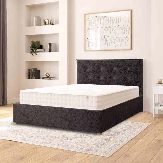 Aspire Presley Black Velvet Fabric Ottoman Storage Bed, W/D/H: 180 x 200 cm