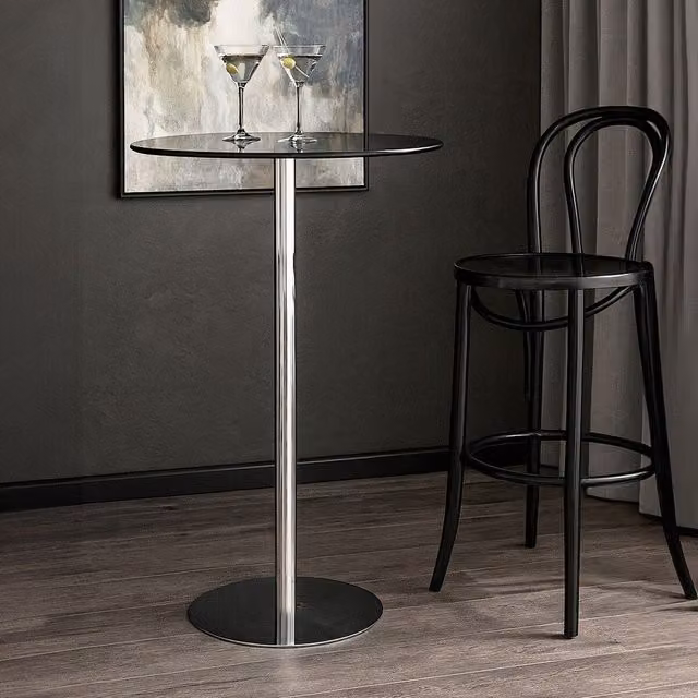 Orsina Sleek Black Tempered Glass Bar Table with Polished Chrome Base, W/D/H: 60 x 60 x 107 cm – 1