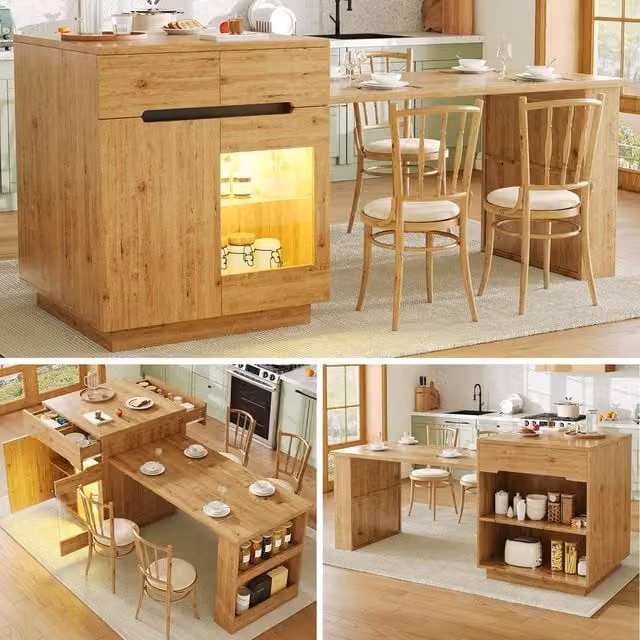 ModernLuxe Kitchen Island with Extendable Table and LED Lighting in Light Oak and Brown – 1
