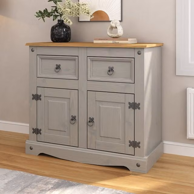 Mews Rustic Waxed Pine Sideboard in Grey and Black