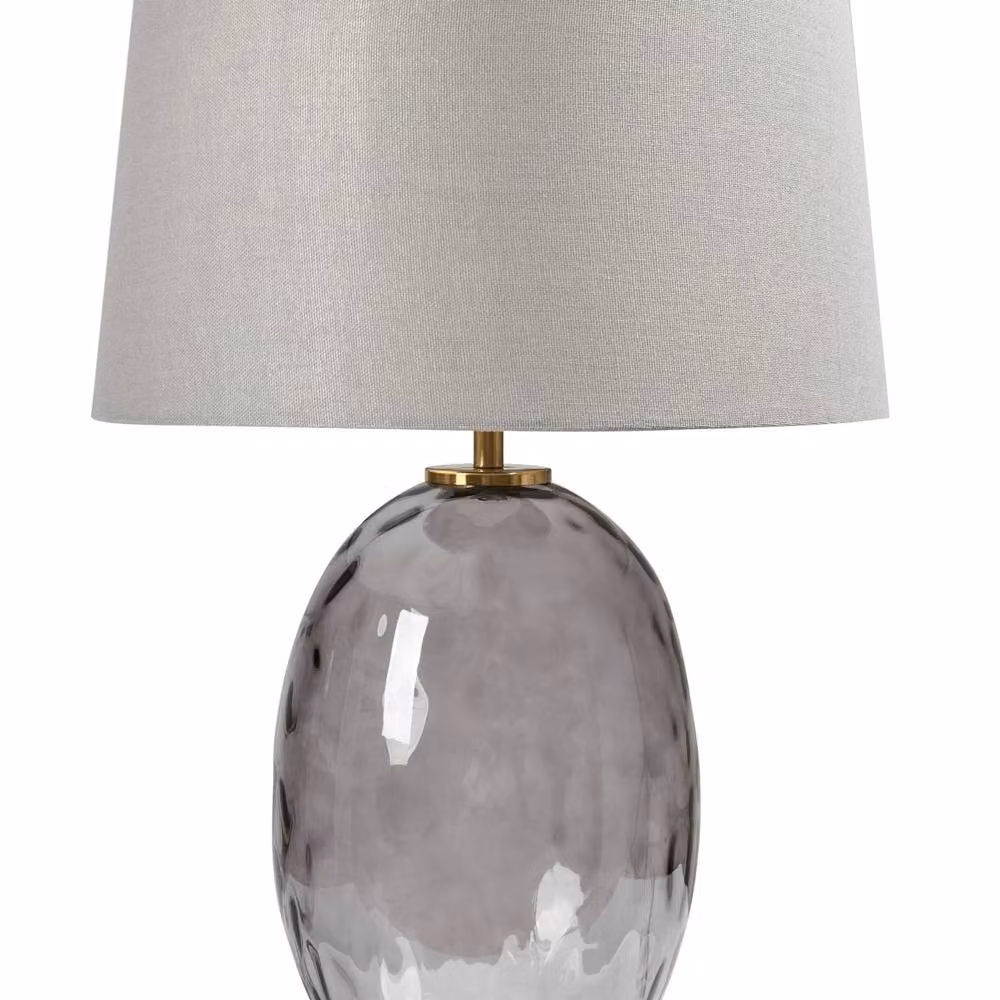 Wyld and Coco Smoked Glass Table Lamp with Grey Fabric Drum Shade – 2