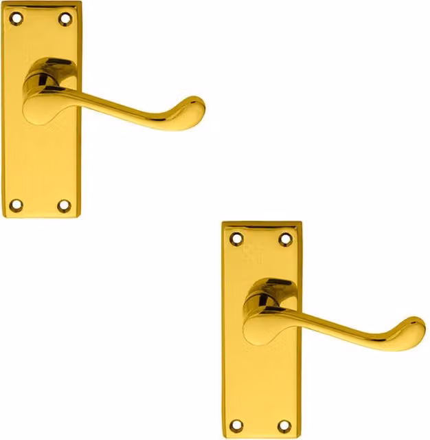 Loops 2x Pair Victorian Scroll Lever on Short Latch Backplate, Polished Brass Gold, 118 x 43 mm