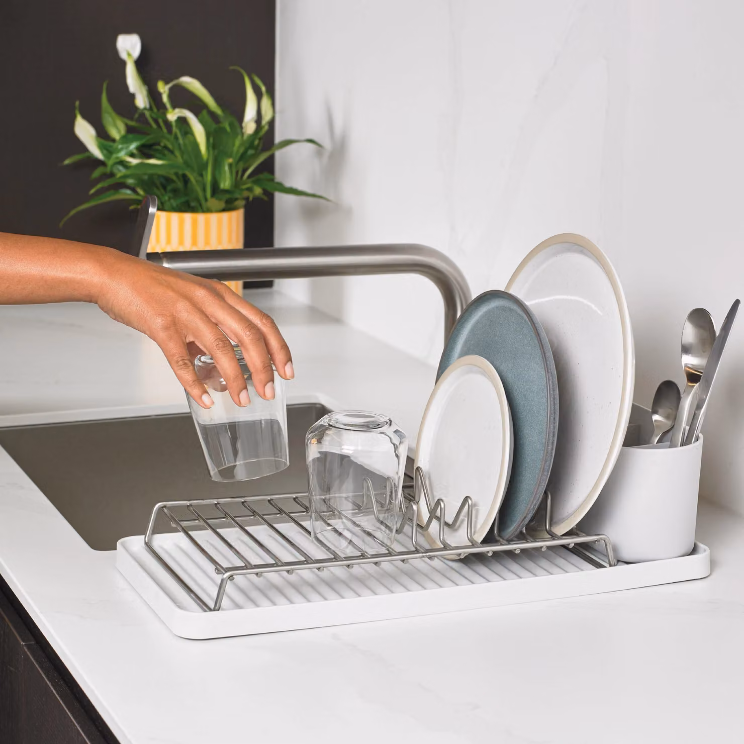ReBorn Compact Recycled Dish Rack with Drip Tray and Cutlery Holder in Stone – 2