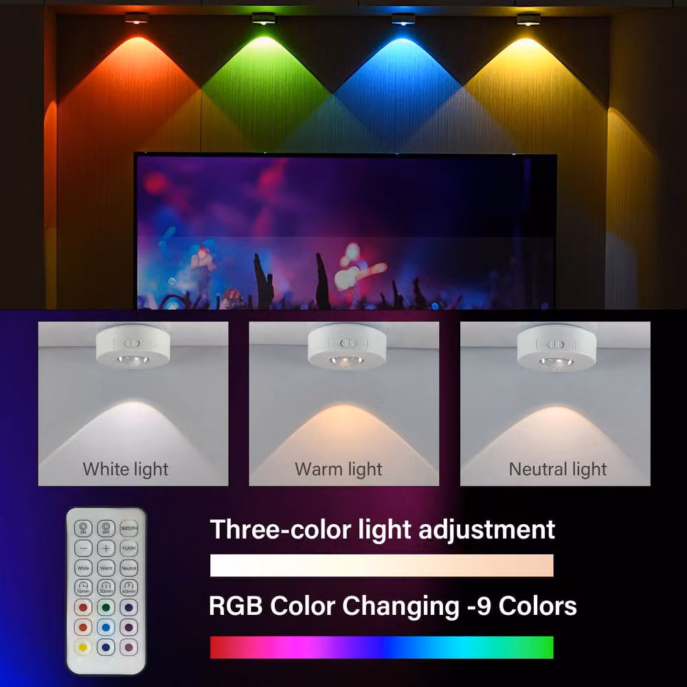 INMTFEI 3 Pack Rechargeable RGBW LED Puck Lights with Remote Control, Magnetic and Self-Adhesive White Cabinet Accent Lights – 2