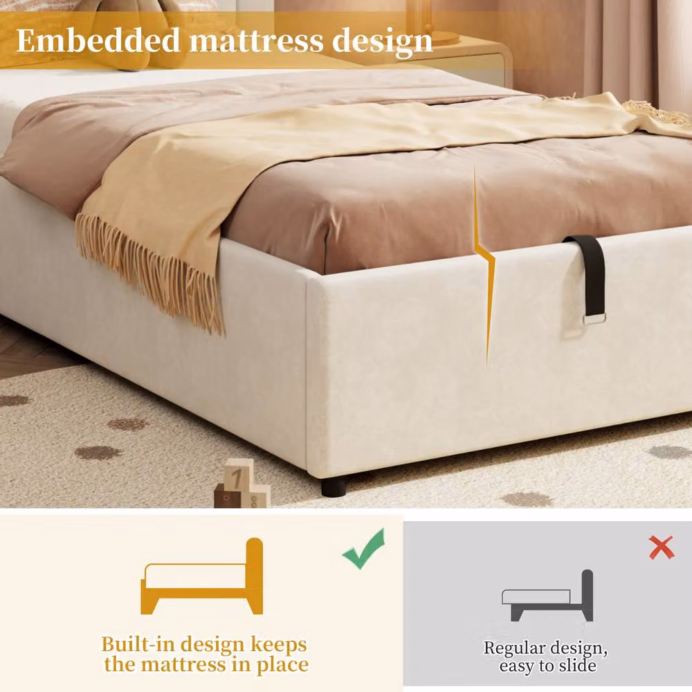 Matteo Beige Velvet Kids Single Bed Frame with Hydraulic Storage, W/D/H: 90 x 190 cm – 3