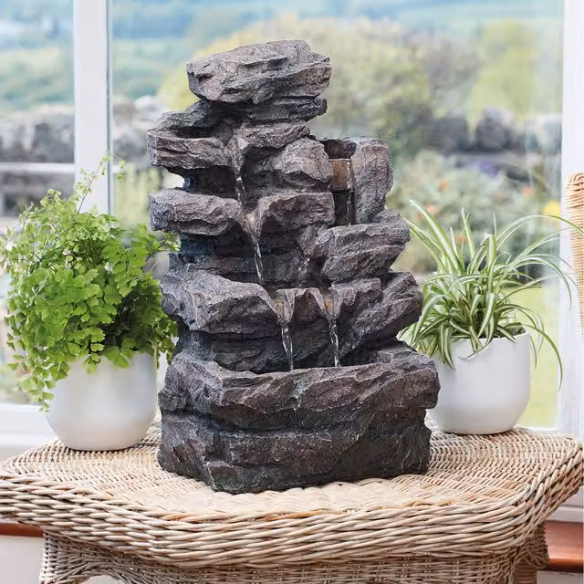 Serenity Rockfall Modern Indoor and Outdoor Tabletop Water Feature with LED Light, Grey, W/D/H: 23.5 x 45.5 x 23.5 cm
