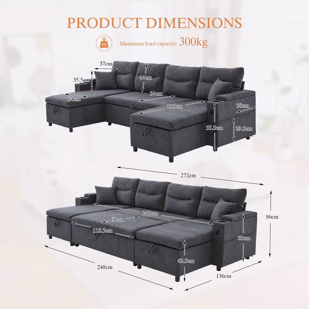 Matteo 4-Seater Corduroy U-Shape Sofa with Dual Chaise, USB Charging and Storage in Anthracite Grey – 2