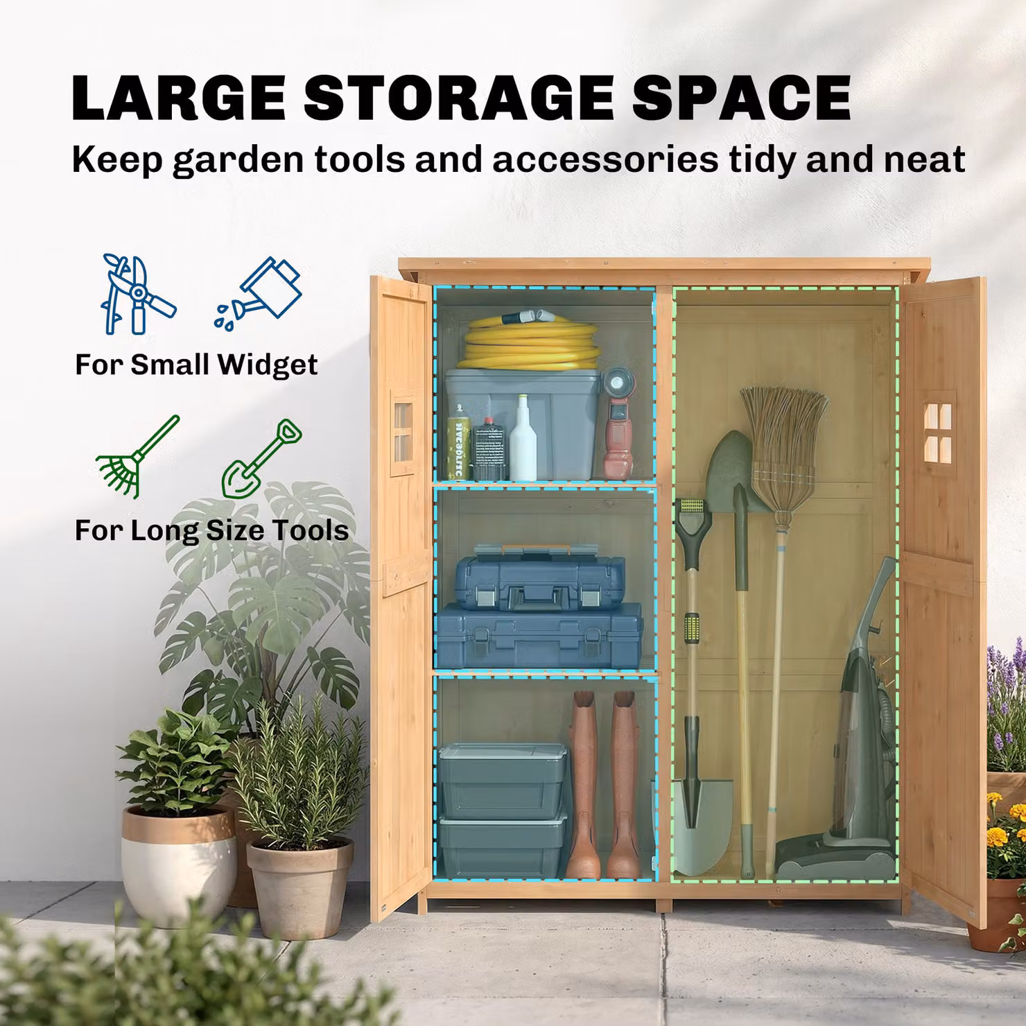 Outsunny Wooden Garden Storage Shed with Double Doors, Internal Shelves and Windows, W/D/H: 127.5 x 50 x 164 cm, Rustic Brown – 3