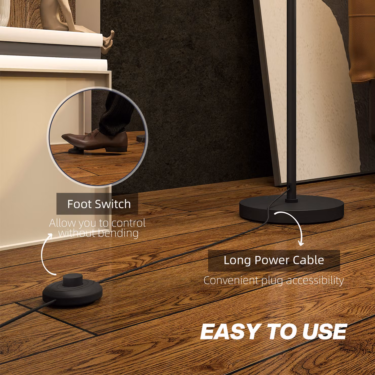 HOMCOM Modern Black Floor Lamp with Double Layer Fabric Shade and Foot Switch for Living Room, Bedroom or Office, H 152.5 x W 33.0 cm – 5