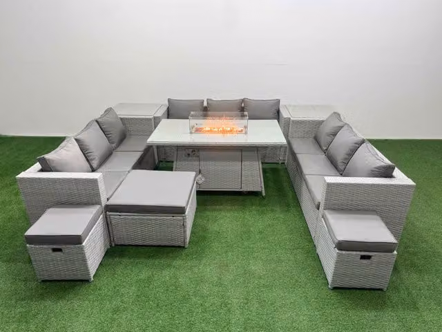 Fimous PE Rattan Garden Furniture Set with Firepit Table in Light Grey