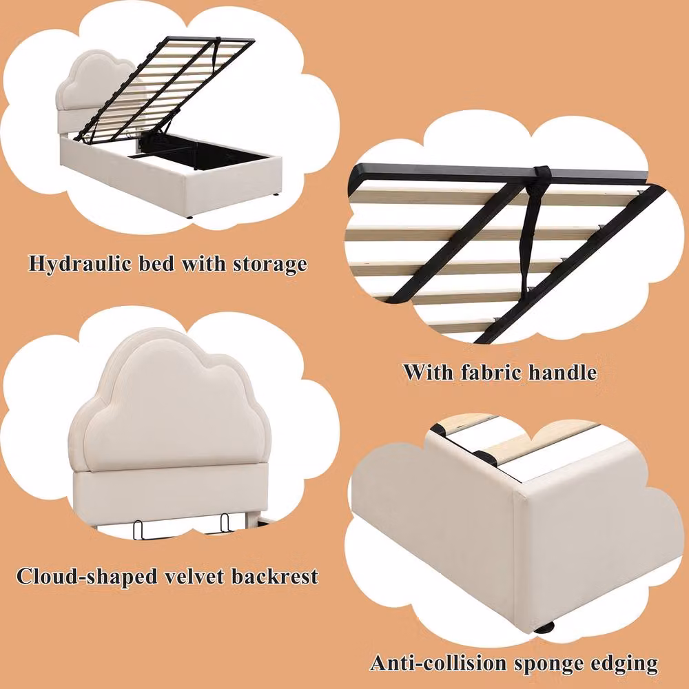 Rolipo Beige Velvet Upholstered Bed with Cloud Headboard and Lift-Up Storage Base W/D/H: 90 x 190 cm – 2