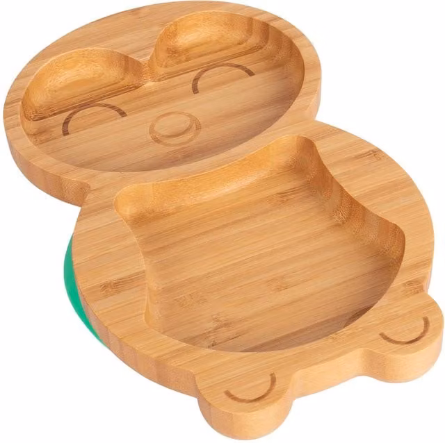 Tiny Dining Childrens Bamboo Divided Penguin Suction Dinner Plate in Green and Brown