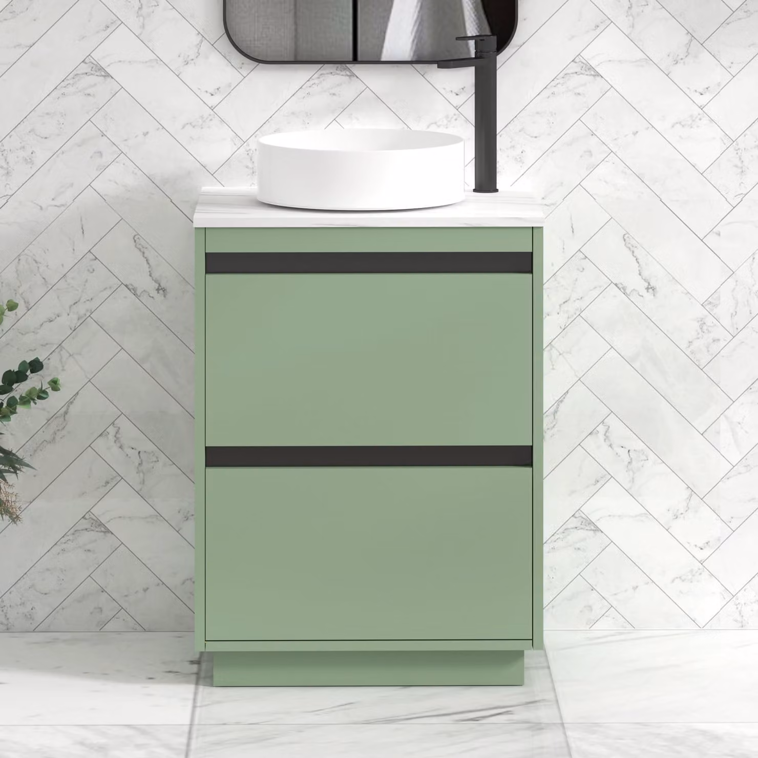 Royal Bathrooms Orion 600mm Mint Sage Floor Standing Countertop Vanity Unit with 2 Drawers, Art Basin and Black Accent Trim