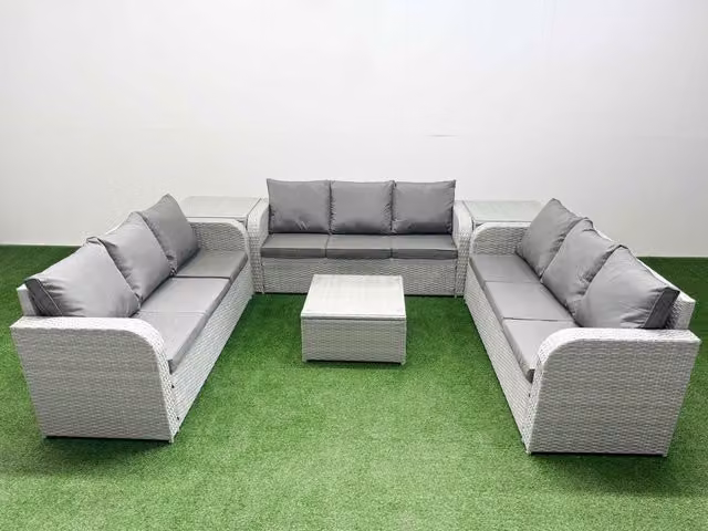 Fimous 9 Seater PE Rattan Outdoor Garden Furniture Set in Light Grey with 3 Seater Sofa, Coffee Table and Side Tables