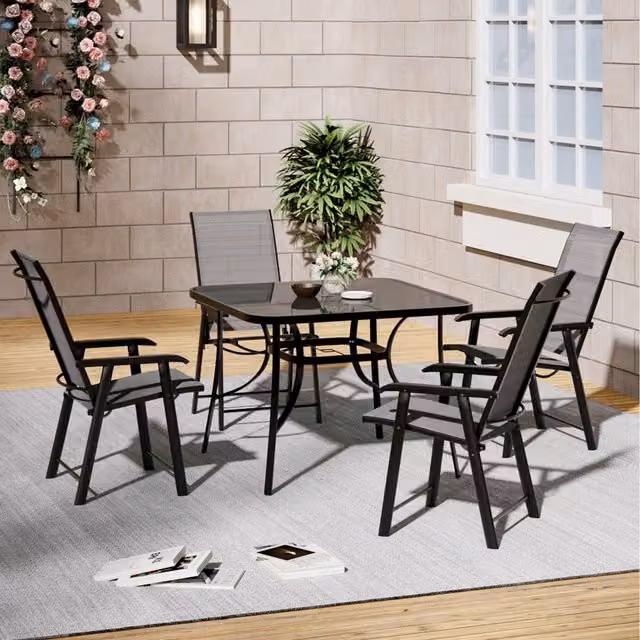 Livingandhome Modern Outdoor Bistro Set in Black with Square Glass Table and 4 Folding Chairs, W: 105 cm