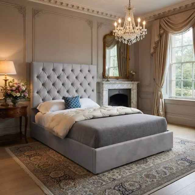Casani Craster Upholstered King Size Bed Frame in Grey Velvet, W/D/H: 180 x 137 x 159 cm – 1