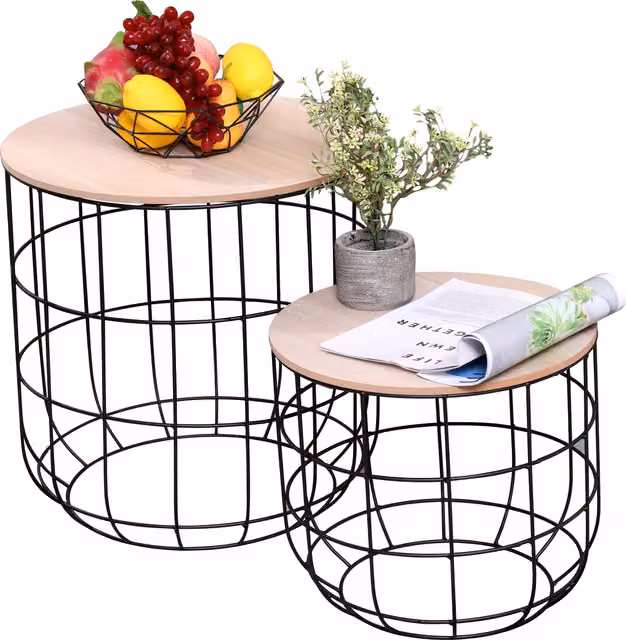 HMD Furniture Set of 2 Industrial Metal Wire Side Tables in Black
