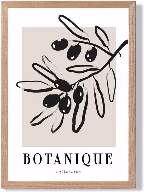 ARTZE Beige and Black Olive Boho Sketch Floral Framed Print with Oak Frame