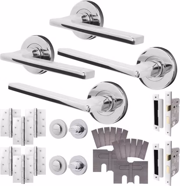 AFIT Polished Chrome Fire Door Handle and Bathroom Latch Lock Set, 2 Pack, Silver