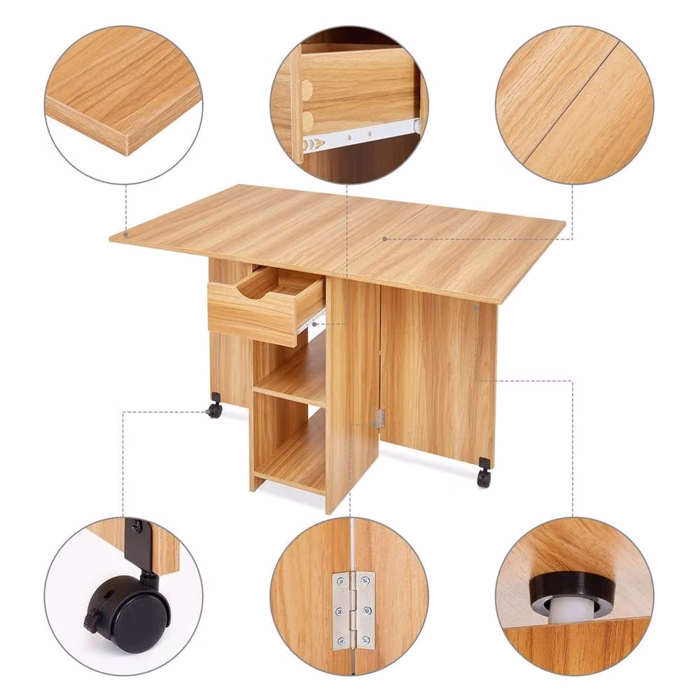 VOGREX Natural Folding Dining Table with Butterfly Drop Leaf, Rolling Castors and Drawer – 3