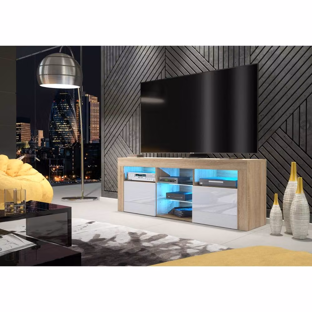 Mex Furniture LTD Pulse TV Unit in Oak and White Gloss with LED Lights, W: 145 cm, D: 35 cm, H: 53 cm – 2